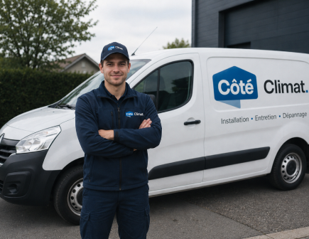 Technicien Côté Climat devant son véhicule de service