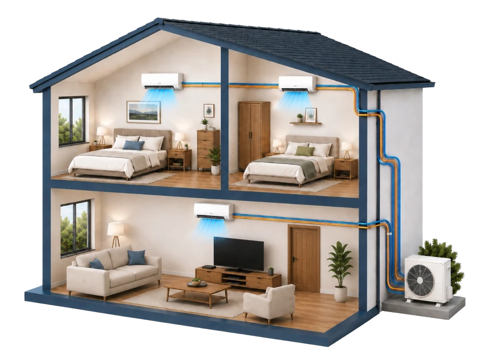 Climatiseur trisplit : une unité extérieure reliée à trois unités intérieures